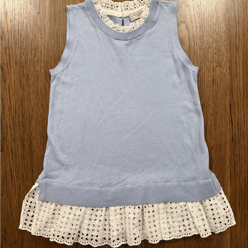 LOFT Blue Sleeveless Top with Cream Lace Hem